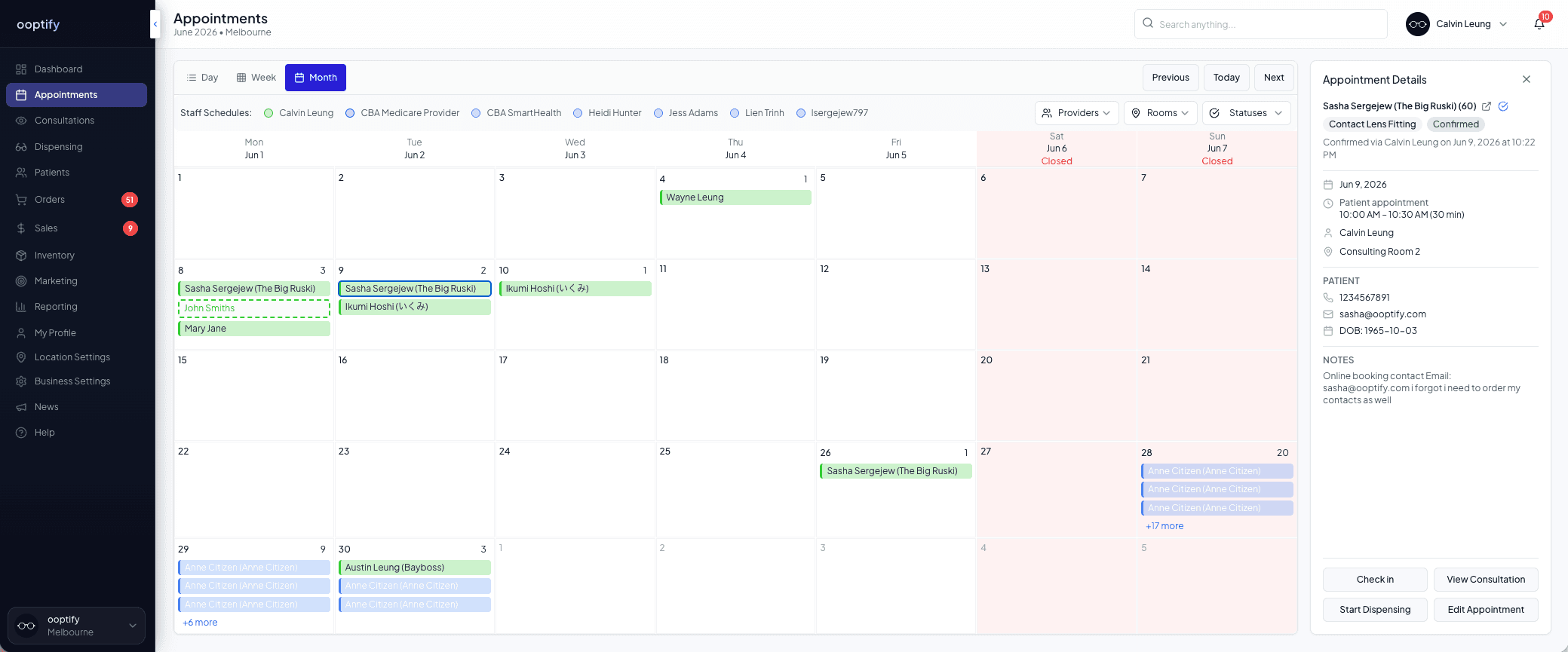 The ooptify appointments calendar showing a monthly practice schedule and appointment details.